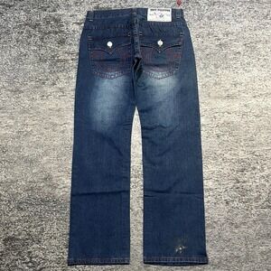 True Religion Straight Jeans Mens 38x34 Blue Red Stitched Logo Flap Pockets Y2K